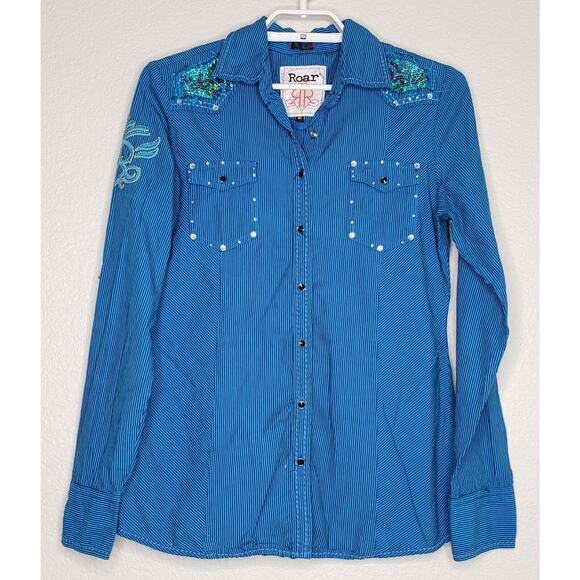 Roar Tops - Roar Womens Western Top Size Medium Blue Black Embellished Collared Button Down